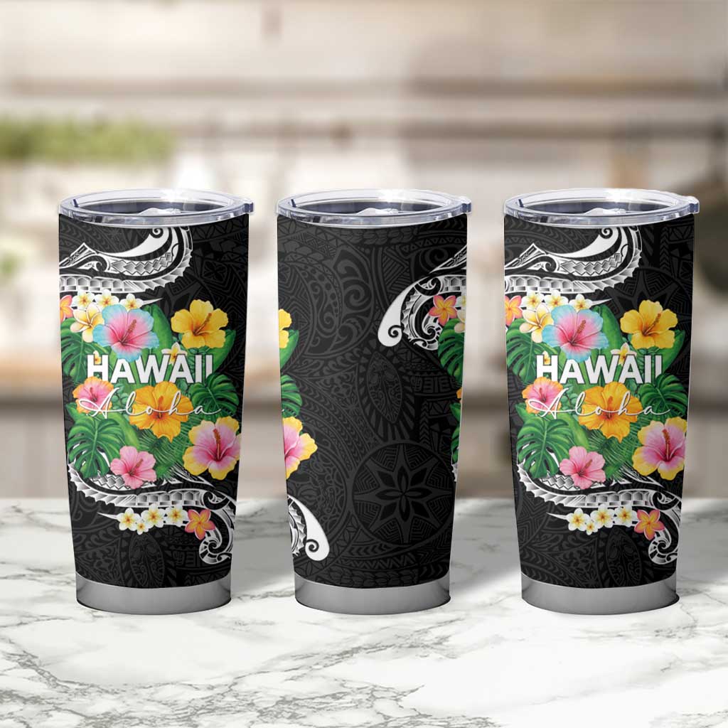Hawaii Aloha Tropical Leaves and Flower Tumbler Cup with Polynesian Art Tattoo Black Color LT03 - Polynesian Pride