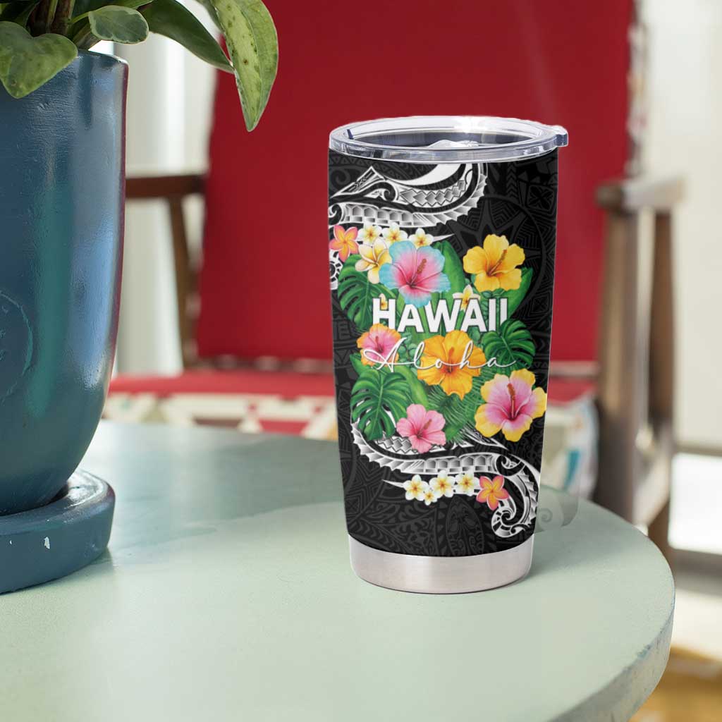 Hawaii Aloha Tropical Leaves and Flower Tumbler Cup with Polynesian Art Tattoo Black Color LT03 - Polynesian Pride