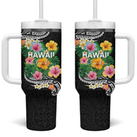 Hawaii Aloha Tropical Leaves and Flower Tumbler With Handle with Polynesian Art Tattoo Black Color LT03 One Size: 40 oz Black - Polynesian Pride