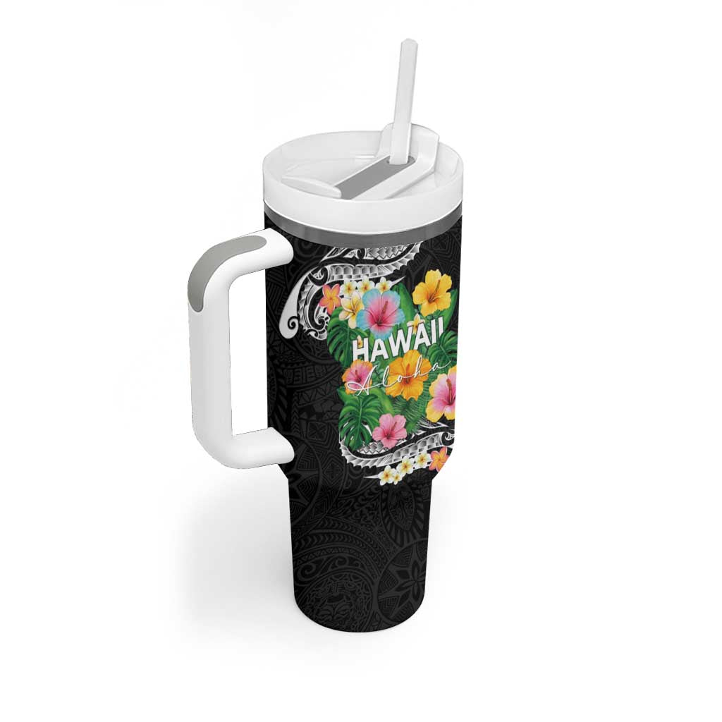 Hawaii Aloha Tropical Leaves and Flower Tumbler With Handle with Polynesian Art Tattoo Black Color LT03 - Polynesian Pride
