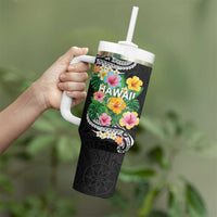 Hawaii Aloha Tropical Leaves and Flower Tumbler With Handle with Polynesian Art Tattoo Black Color LT03 - Polynesian Pride