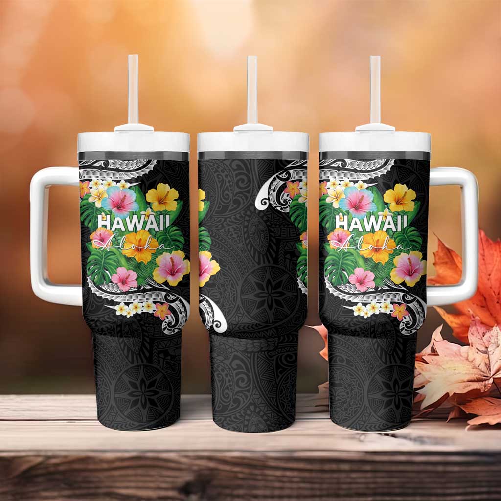 Hawaii Aloha Tropical Leaves and Flower Tumbler With Handle with Polynesian Art Tattoo Black Color LT03 - Polynesian Pride
