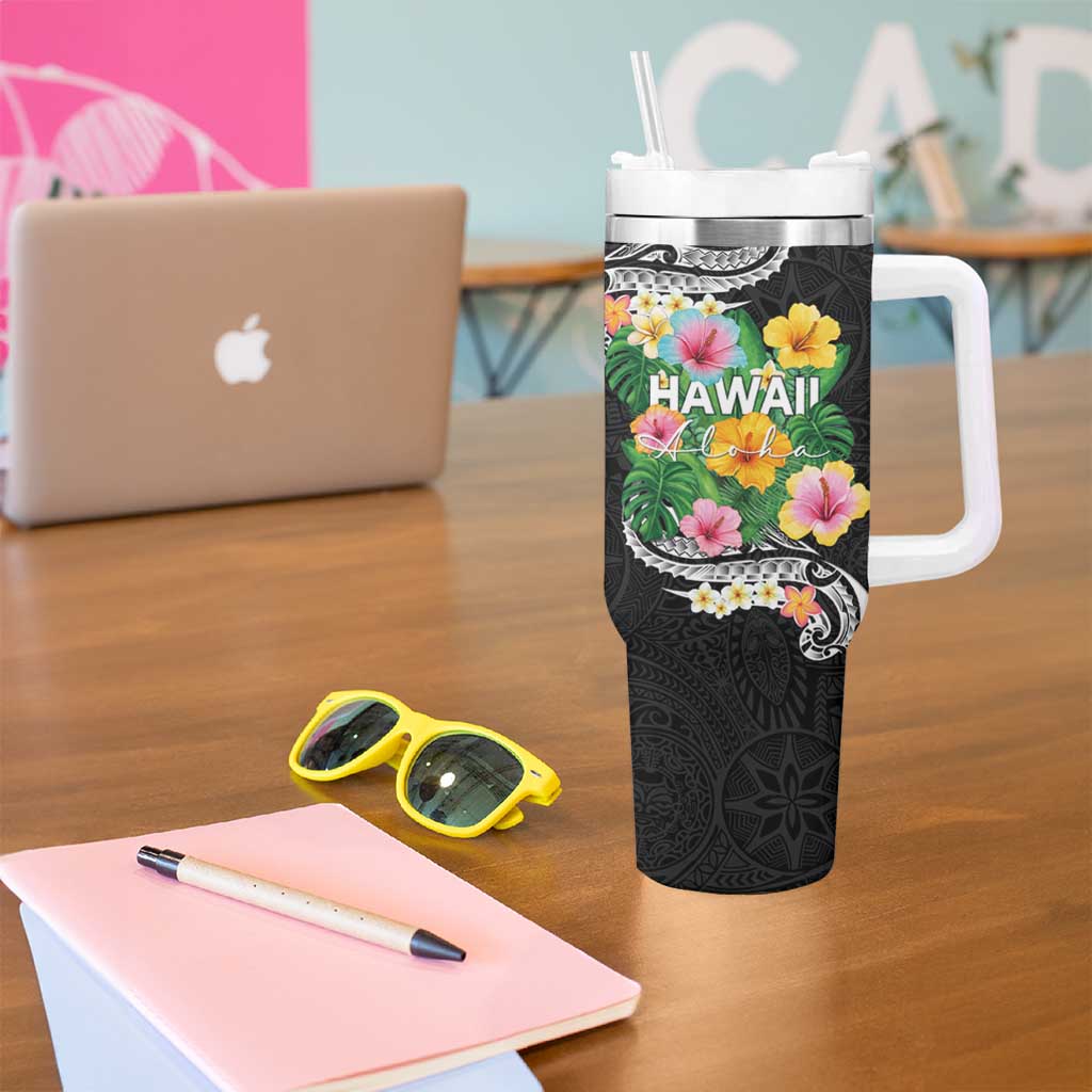 Hawaii Aloha Tropical Leaves and Flower Tumbler With Handle with Polynesian Art Tattoo Black Color LT03 - Polynesian Pride