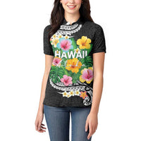 Hawaii Aloha Tropical Leaves and Flower Women Polo Shirt with Polynesian Art Tattoo Black Color LT03 - Polynesian Pride