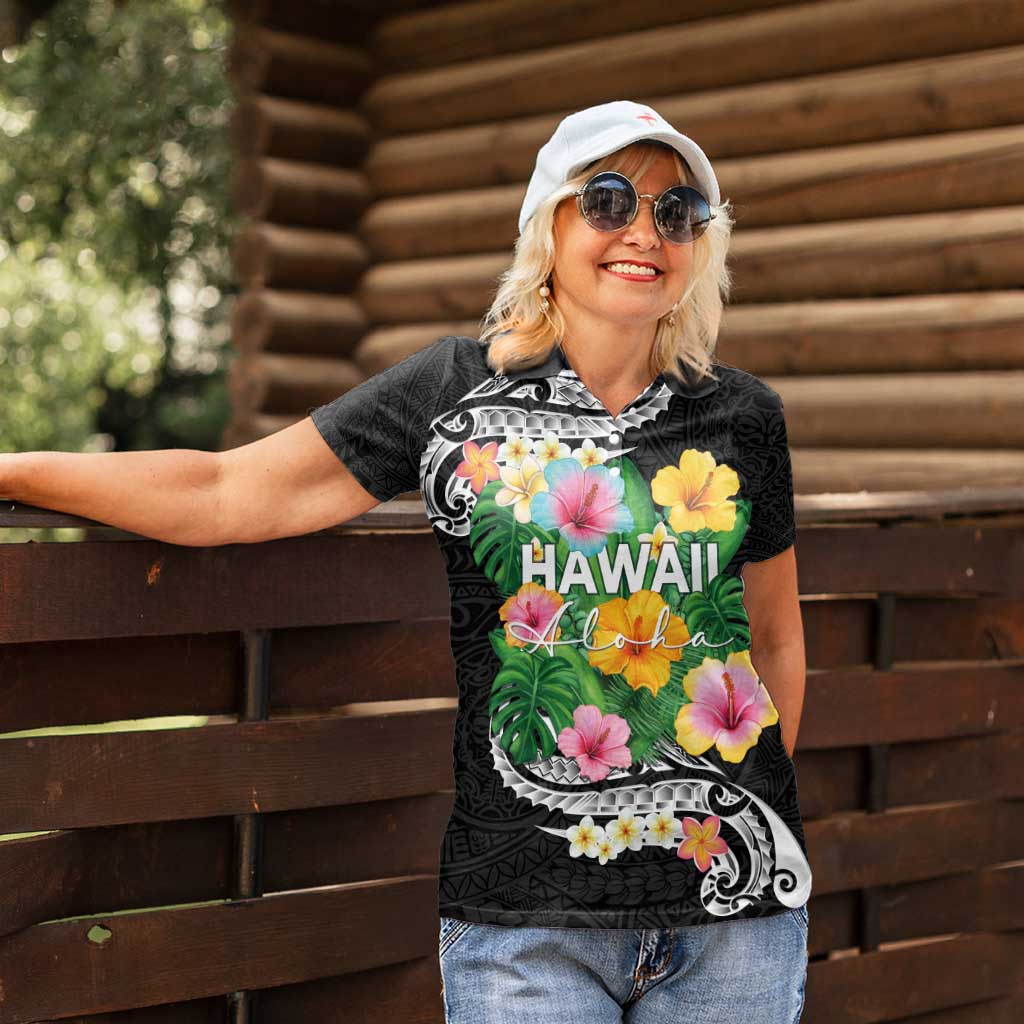 Hawaii Aloha Tropical Leaves and Flower Women Polo Shirt with Polynesian Art Tattoo Black Color LT03 - Polynesian Pride