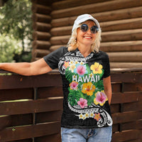 Hawaii Aloha Tropical Leaves and Flower Women Polo Shirt with Polynesian Art Tattoo Black Color LT03 - Polynesian Pride