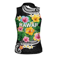 Hawaii Aloha Tropical Leaves and Flower Women Sleeveless Polo Shirt with Polynesian Art Tattoo Black Color LT03 - Polynesian Pride