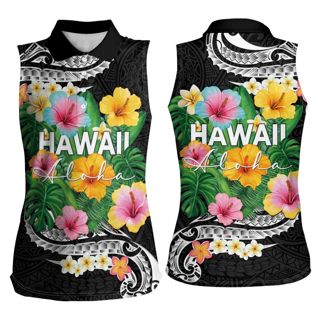 Hawaii Aloha Tropical Leaves and Flower Women Sleeveless Polo Shirt with Polynesian Art Tattoo Black Color LT03 - Polynesian Pride