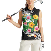 Hawaii Aloha Tropical Leaves and Flower Women Sleeveless Polo Shirt with Polynesian Art Tattoo Black Color LT03 - Polynesian Pride