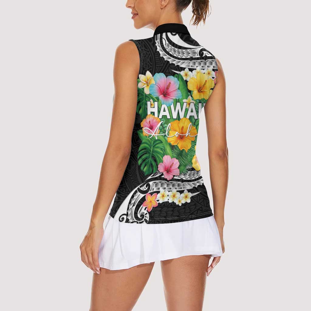 Hawaii Aloha Tropical Leaves and Flower Women Sleeveless Polo Shirt with Polynesian Art Tattoo Black Color LT03 - Polynesian Pride