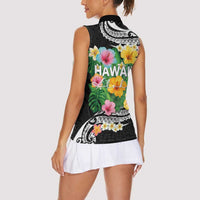 Hawaii Aloha Tropical Leaves and Flower Women Sleeveless Polo Shirt with Polynesian Art Tattoo Black Color LT03 - Polynesian Pride