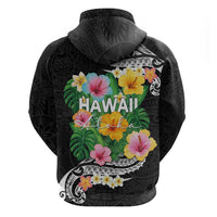 Hawaii Aloha Tropical Leaves and Flower Zip Hoodie with Polynesian Art Tattoo Black Color LT03 - Polynesian Pride