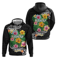 Hawaii Aloha Tropical Leaves and Flower Zip Hoodie with Polynesian Art Tattoo Black Color LT03 - Polynesian Pride