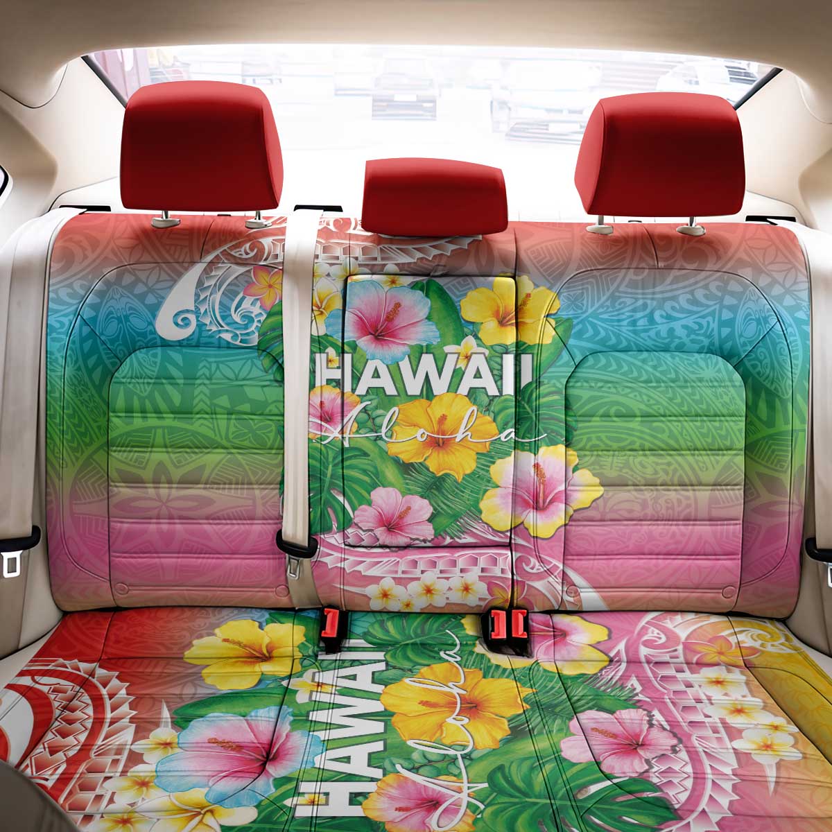 Hawaii Aloha Tropical Leaves and Flower Back Car Seat Cover with Polynesian Art Tattoo Rainbow Color LT03 - Polynesian Pride