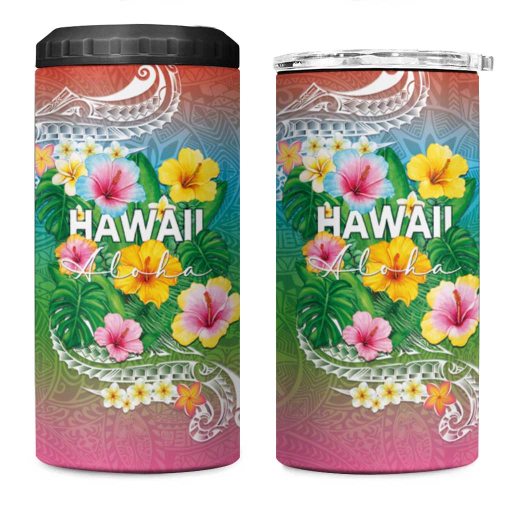 Hawaii Aloha Tropical Leaves and Flower 4 in 1 Can Cooler Tumbler with Polynesian Art Tattoo Rainbow Color LT03 One Size: 16 oz Rainbow - Polynesian Pride