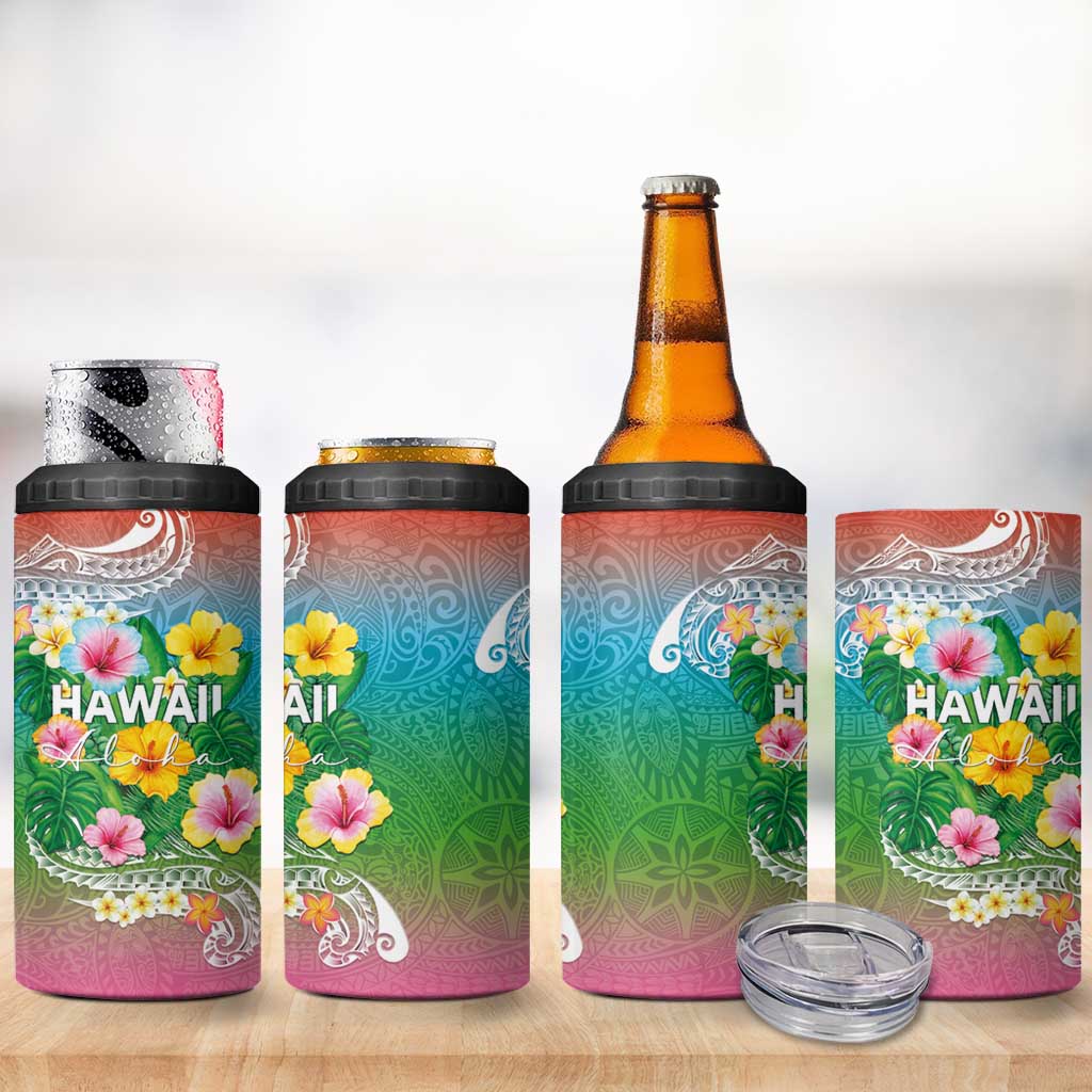 Hawaii Aloha Tropical Leaves and Flower 4 in 1 Can Cooler Tumbler with Polynesian Art Tattoo Rainbow Color LT03 - Polynesian Pride