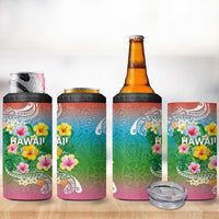 Hawaii Aloha Tropical Leaves and Flower 4 in 1 Can Cooler Tumbler with Polynesian Art Tattoo Rainbow Color LT03 - Polynesian Pride