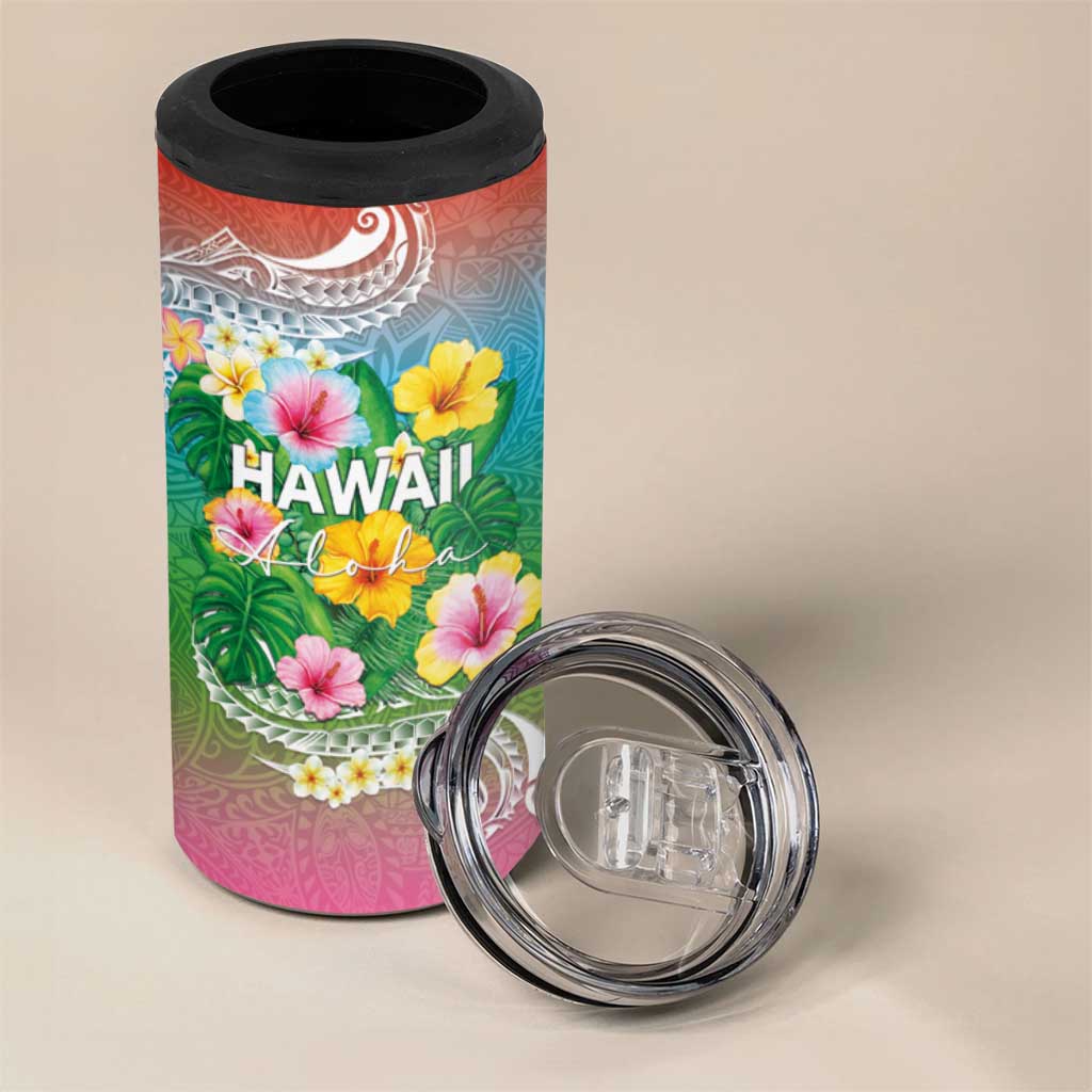Hawaii Aloha Tropical Leaves and Flower 4 in 1 Can Cooler Tumbler with Polynesian Art Tattoo Rainbow Color LT03 - Polynesian Pride