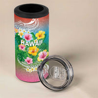 Hawaii Aloha Tropical Leaves and Flower 4 in 1 Can Cooler Tumbler with Polynesian Art Tattoo Rainbow Color LT03 - Polynesian Pride