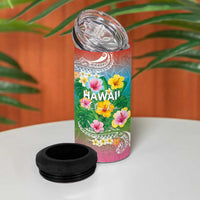 Hawaii Aloha Tropical Leaves and Flower 4 in 1 Can Cooler Tumbler with Polynesian Art Tattoo Rainbow Color LT03 - Polynesian Pride