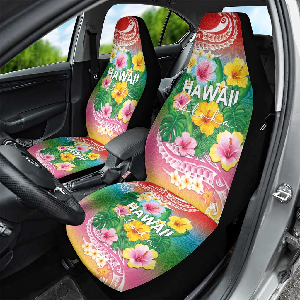 Hawaii Aloha Tropical Leaves and Flower Car Seat Cover with Polynesian Art Tattoo Rainbow Color LT03 - Polynesian Pride