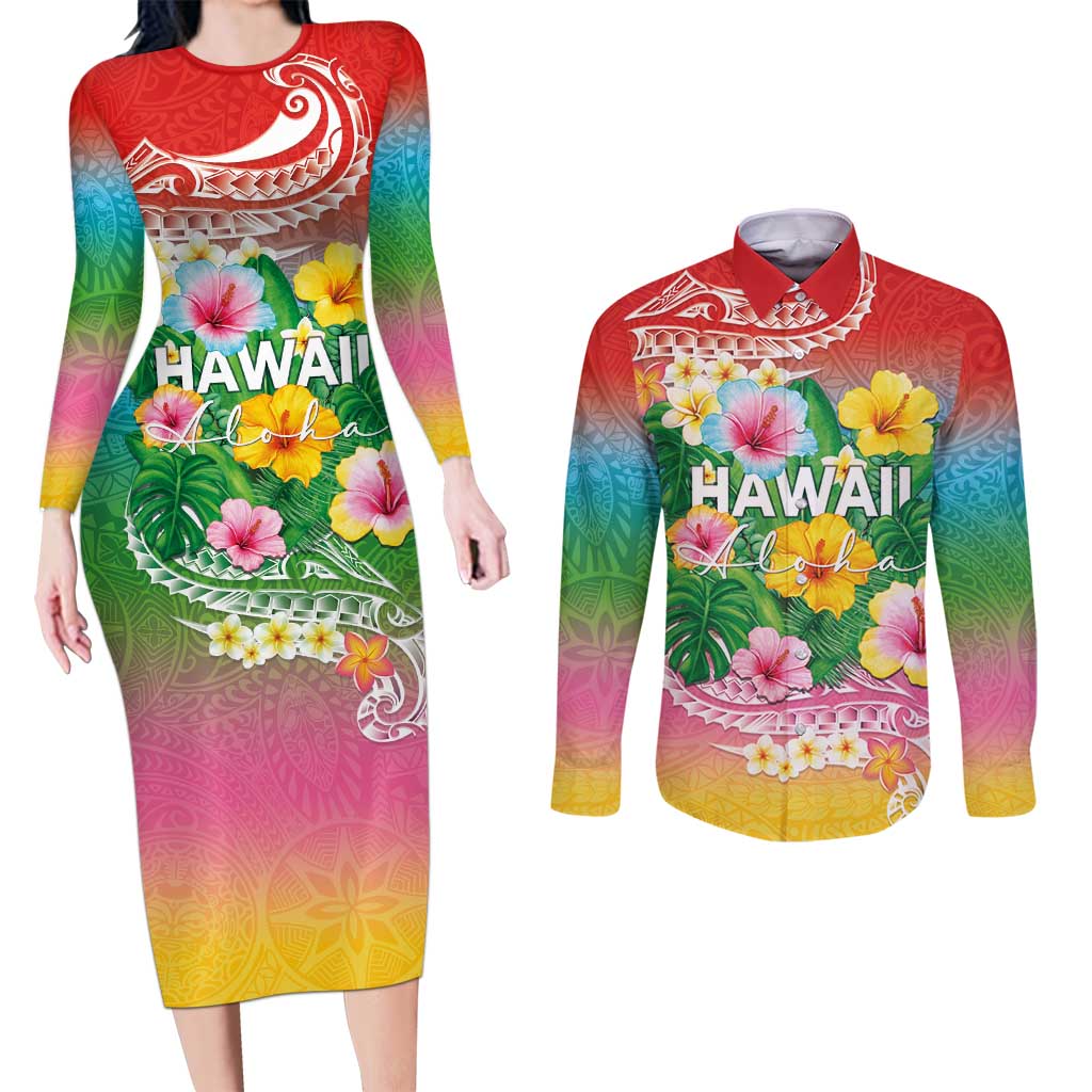 Hawaii Aloha Tropical Leaves and Flower Couples Matching Long Sleeve Bodycon Dress and Long Sleeve Button Shirt with Polynesian Art Tattoo Rainbow Color - Polynesian Pride