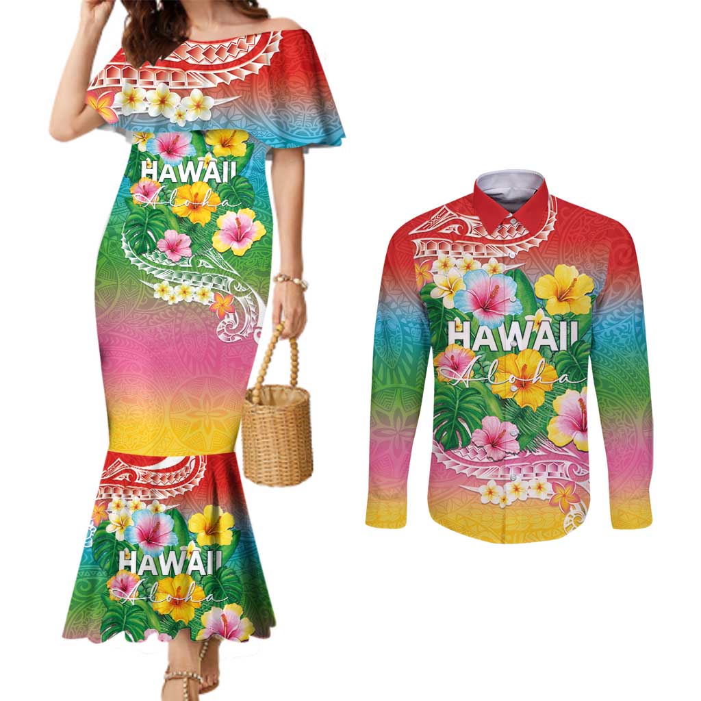 Hawaii Aloha Tropical Leaves and Flower Couples Matching Mermaid Dress and Long Sleeve Button Shirt with Polynesian Art Tattoo Rainbow Color - Polynesian Pride