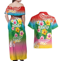 Hawaii Aloha Tropical Leaves and Flower Couples Matching Off Shoulder Maxi Dress and Hawaiian Shirt with Polynesian Art Tattoo Rainbow Color - Polynesian Pride