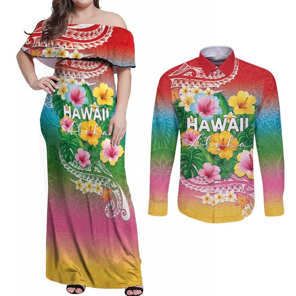 Hawaii Aloha Tropical Leaves and Flower Couples Matching Off Shoulder Maxi Dress and Long Sleeve Button Shirt with Polynesian Art Tattoo Rainbow Color - Polynesian Pride