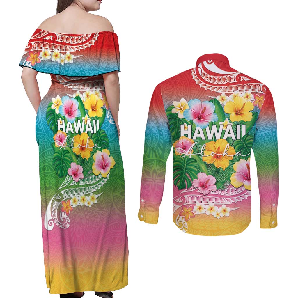 Hawaii Aloha Tropical Leaves and Flower Couples Matching Off Shoulder Maxi Dress and Long Sleeve Button Shirt with Polynesian Art Tattoo Rainbow Color - Polynesian Pride