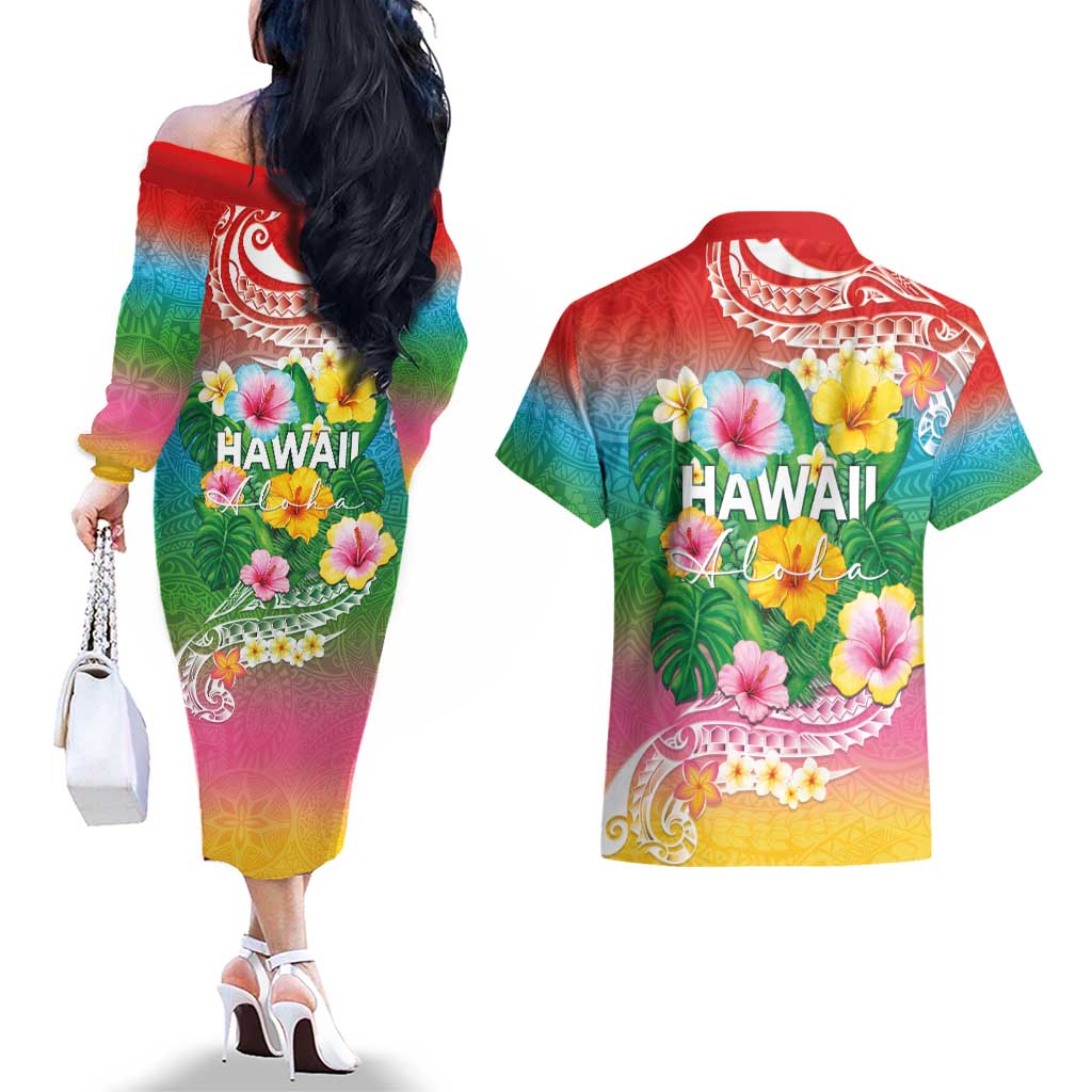 Hawaii Aloha Tropical Leaves and Flower Couples Matching Off The Shoulder Long Sleeve Dress and Hawaiian Shirt with Polynesian Art Tattoo Rainbow Color - Polynesian Pride