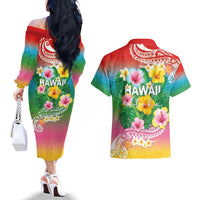 Hawaii Aloha Tropical Leaves and Flower Couples Matching Off The Shoulder Long Sleeve Dress and Hawaiian Shirt with Polynesian Art Tattoo Rainbow Color - Polynesian Pride