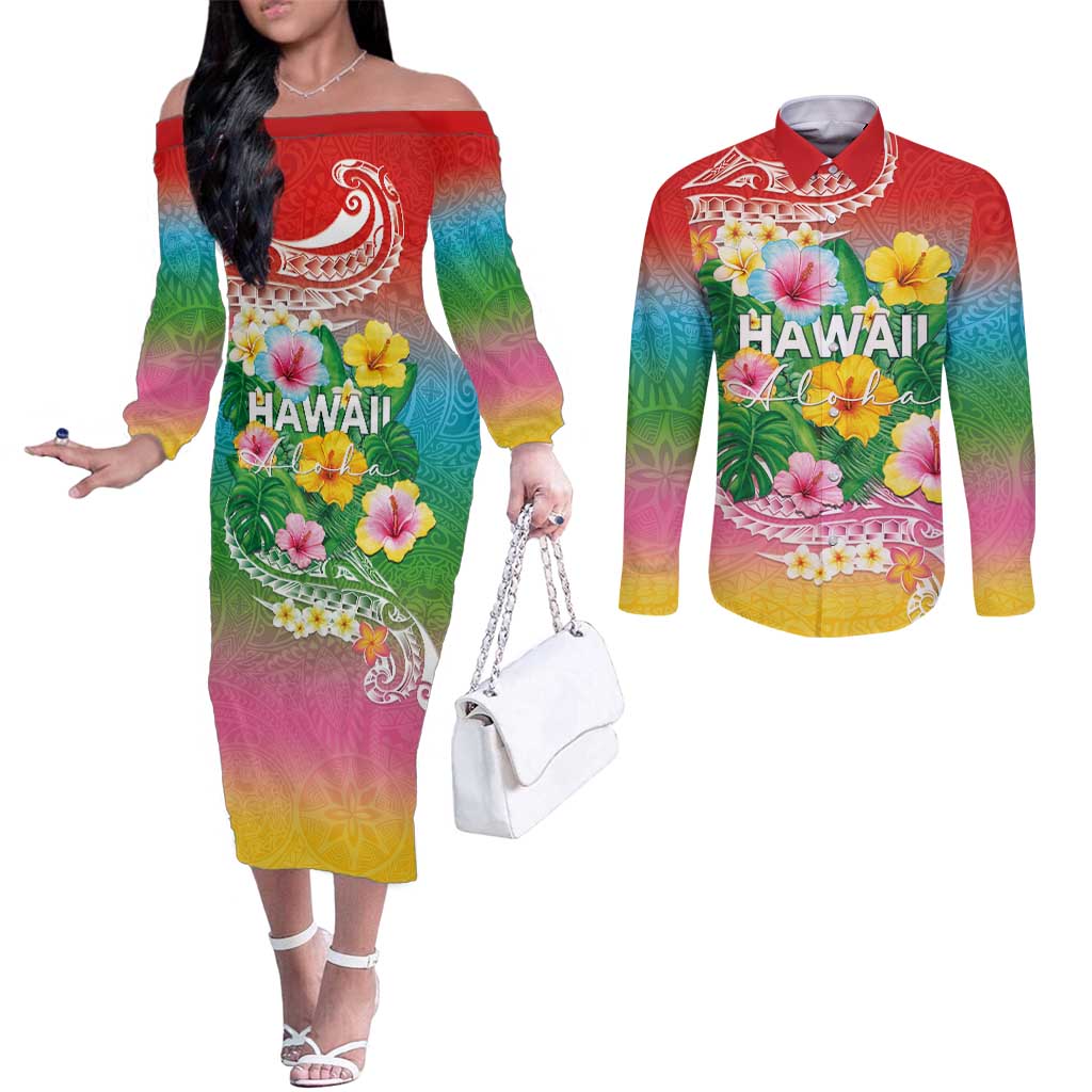 Hawaii Aloha Tropical Leaves and Flower Couples Matching Off The Shoulder Long Sleeve Dress and Long Sleeve Button Shirt with Polynesian Art Tattoo Rainbow Color - Polynesian Pride