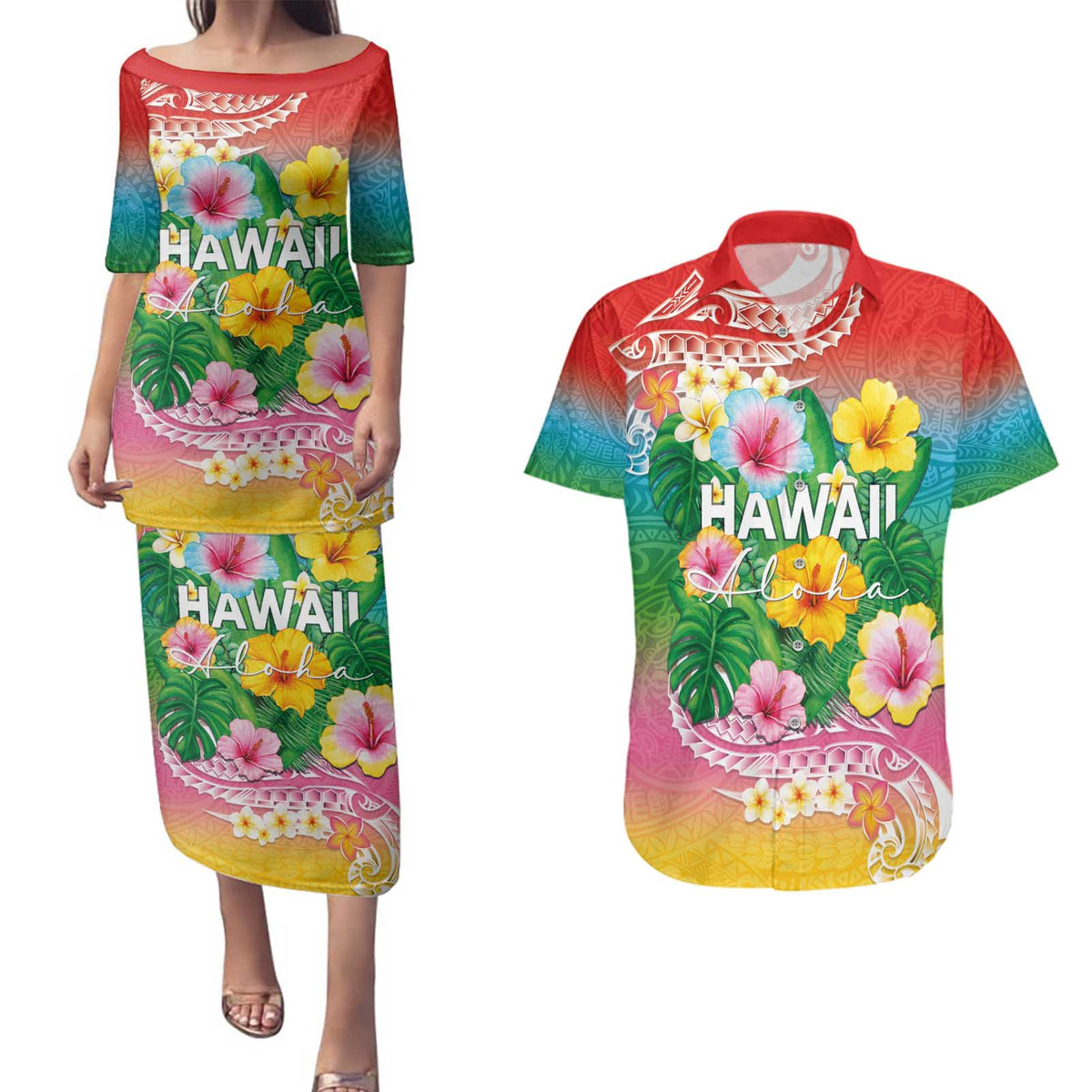 Hawaii Aloha Tropical Leaves and Flower Couples Matching Puletasi and Hawaiian Shirt with Polynesian Art Tattoo Rainbow Color LT03 Rainbow - Polynesian Pride