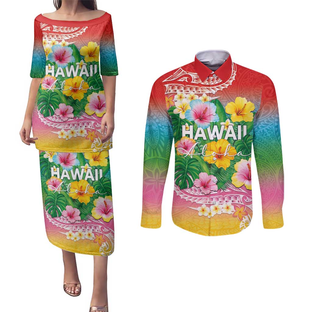 Hawaii Aloha Tropical Leaves and Flower Couples Matching Puletasi and Long Sleeve Button Shirt with Polynesian Art Tattoo Rainbow Color LT03 Rainbow - Polynesian Pride