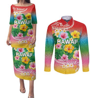 Hawaii Aloha Tropical Leaves and Flower Couples Matching Puletasi and Long Sleeve Button Shirt with Polynesian Art Tattoo Rainbow Color LT03 Rainbow - Polynesian Pride