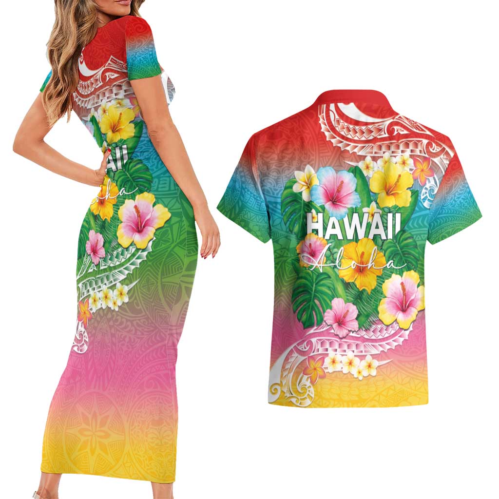 Hawaii Aloha Tropical Leaves and Flower Couples Matching Short Sleeve Bodycon Dress and Hawaiian Shirt with Polynesian Art Tattoo Rainbow Color - Polynesian Pride