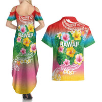 Hawaii Aloha Tropical Leaves and Flower Couples Matching Summer Maxi Dress and Hawaiian Shirt with Polynesian Art Tattoo Rainbow Color - Polynesian Pride