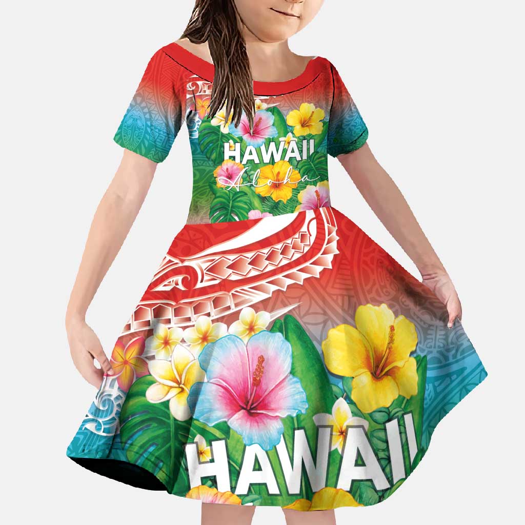 Hawaii Aloha Tropical Leaves and Flower Family Matching Long Sleeve Bodycon Dress and Hawaiian Shirt with Polynesian Art Tattoo Rainbow Color LT03 Daughter's Dress Rainbow - Polynesian Pride