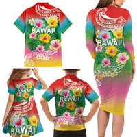 Hawaii Aloha Tropical Leaves and Flower Family Matching Long Sleeve Bodycon Dress and Hawaiian Shirt with Polynesian Art Tattoo Rainbow Color LT03 - Polynesian Pride