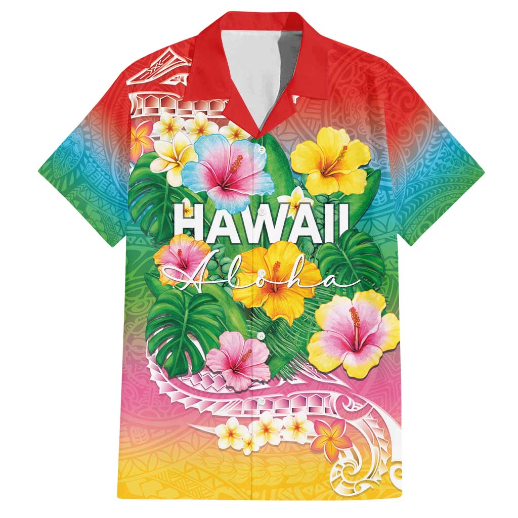 Hawaii Aloha Tropical Leaves and Flower Family Matching Long Sleeve Bodycon Dress and Hawaiian Shirt with Polynesian Art Tattoo Rainbow Color LT03 Dad's Shirt - Short Sleeve Rainbow - Polynesian Pride