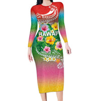 Hawaii Aloha Tropical Leaves and Flower Family Matching Long Sleeve Bodycon Dress and Hawaiian Shirt with Polynesian Art Tattoo Rainbow Color LT03 Mom's Dress Rainbow - Polynesian Pride