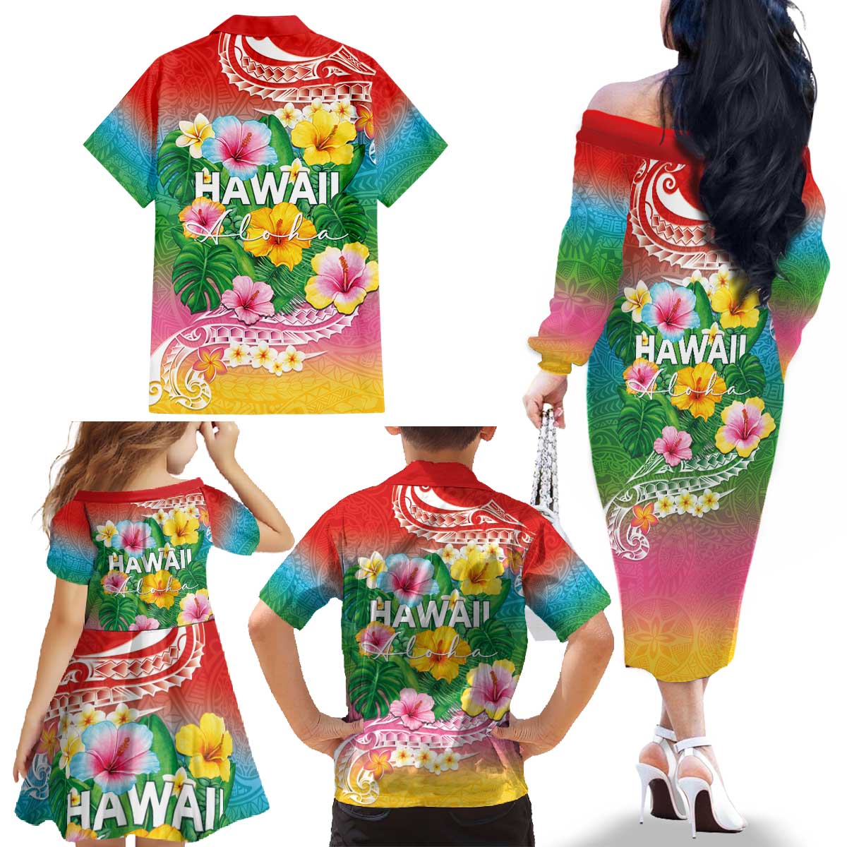 Hawaii Aloha Tropical Leaves and Flower Family Matching Off The Shoulder Long Sleeve Dress and Hawaiian Shirt with Polynesian Art Tattoo Rainbow Color - Polynesian Pride