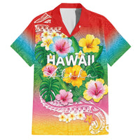 Hawaii Aloha Tropical Leaves and Flower Family Matching Off The Shoulder Long Sleeve Dress and Hawaiian Shirt with Polynesian Art Tattoo Rainbow Color - Polynesian Pride