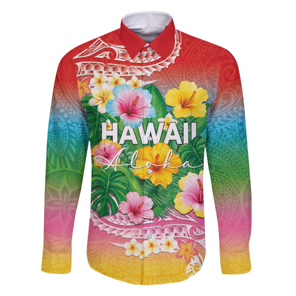 Hawaii Aloha Tropical Leaves and Flower Family Matching Off The Shoulder Long Sleeve Dress and Hawaiian Shirt with Polynesian Art Tattoo Rainbow Color - Polynesian Pride