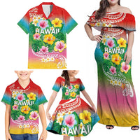 Hawaii Aloha Tropical Leaves and Flower Family Matching Off Shoulder Maxi Dress and Hawaiian Shirt with Polynesian Art Tattoo Rainbow Color LT03 - Polynesian Pride