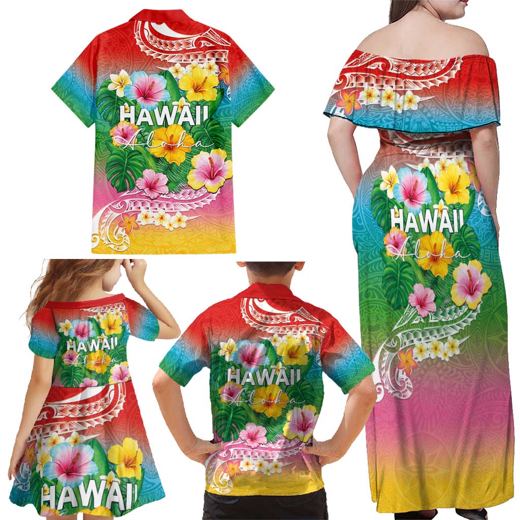 Hawaii Aloha Tropical Leaves and Flower Family Matching Off Shoulder Maxi Dress and Hawaiian Shirt with Polynesian Art Tattoo Rainbow Color LT03 - Polynesian Pride