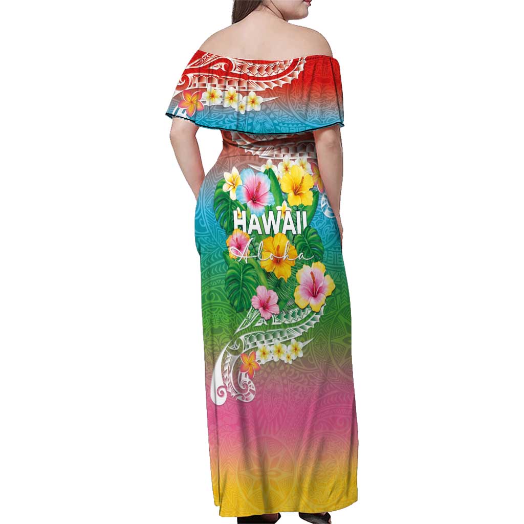 Hawaii Aloha Tropical Leaves and Flower Family Matching Off Shoulder Maxi Dress and Hawaiian Shirt with Polynesian Art Tattoo Rainbow Color LT03 - Polynesian Pride