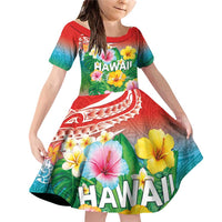 Hawaii Aloha Tropical Leaves and Flower Family Matching Off Shoulder Short Dress and Hawaiian Shirt with Polynesian Art Tattoo Rainbow Color LT03 Daughter's Dress Rainbow - Polynesian Pride