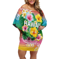Hawaii Aloha Tropical Leaves and Flower Family Matching Off Shoulder Short Dress and Hawaiian Shirt with Polynesian Art Tattoo Rainbow Color LT03 Mom's Dress Rainbow - Polynesian Pride